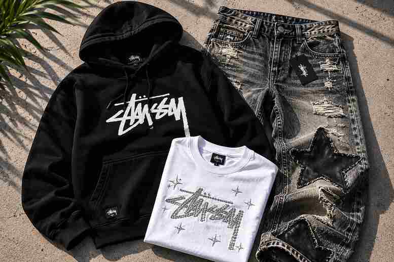 Stussy hoodie, Tenis Amiri sneakers, and Mixed Emotions rhinestone tee laid flat on a concrete surface